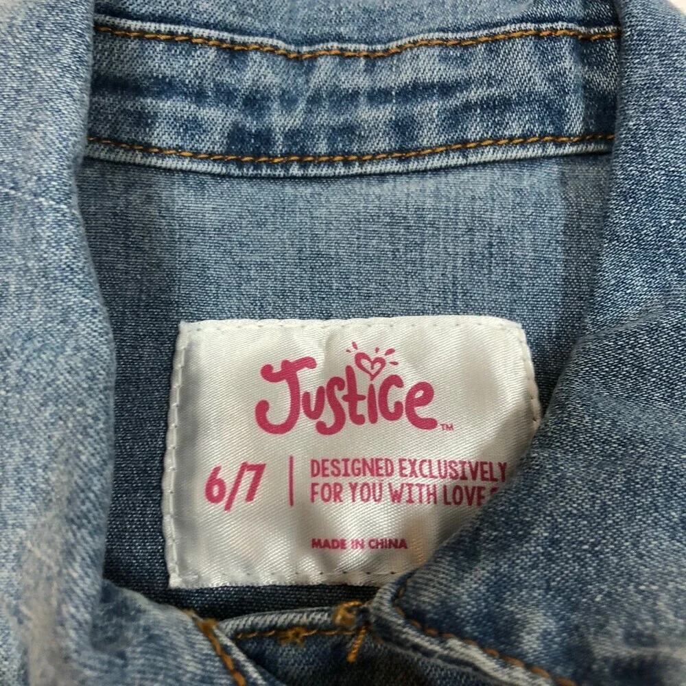Justice Tween Girl's Silver Glitter Paint Accent Denim Moto Jean Vest Size 6/7
